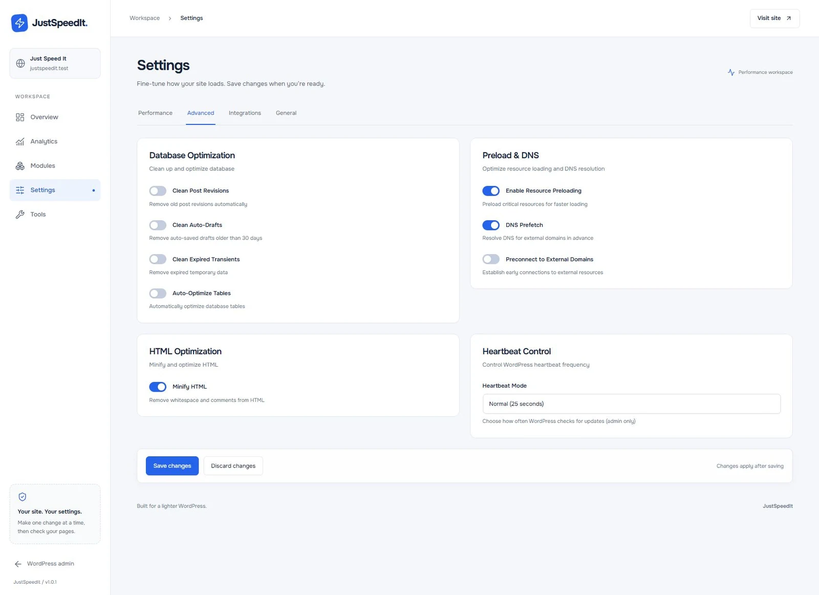 JustSpeedIt advanced settings for database cleanup, preloading, HTML, and Heartbeat