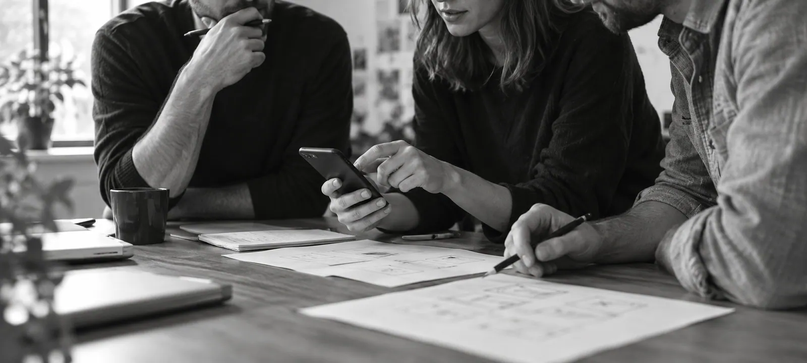 Collaborators reviewing a product idea around a phone