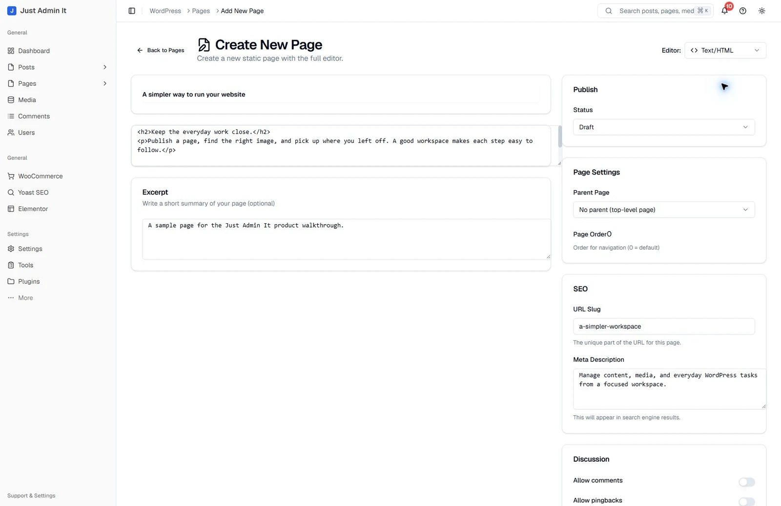 Just Admin It Text and HTML page editor with publishing and SEO fields