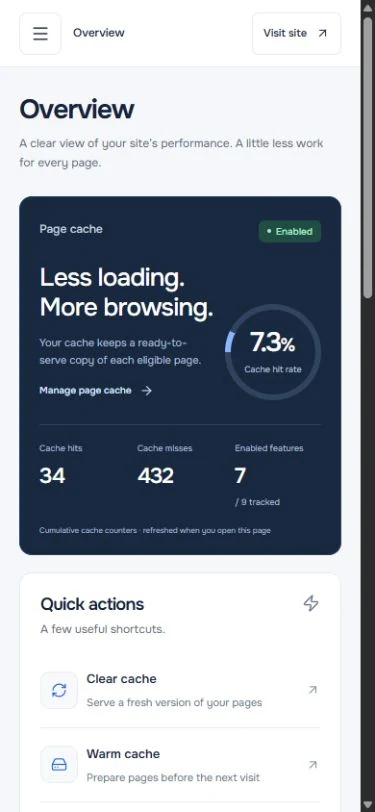 JustSpeedIt mobile dashboard with cache status and quick actions