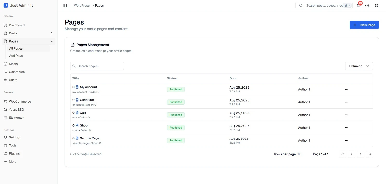 Just Admin It page management with searchable content and publishing status