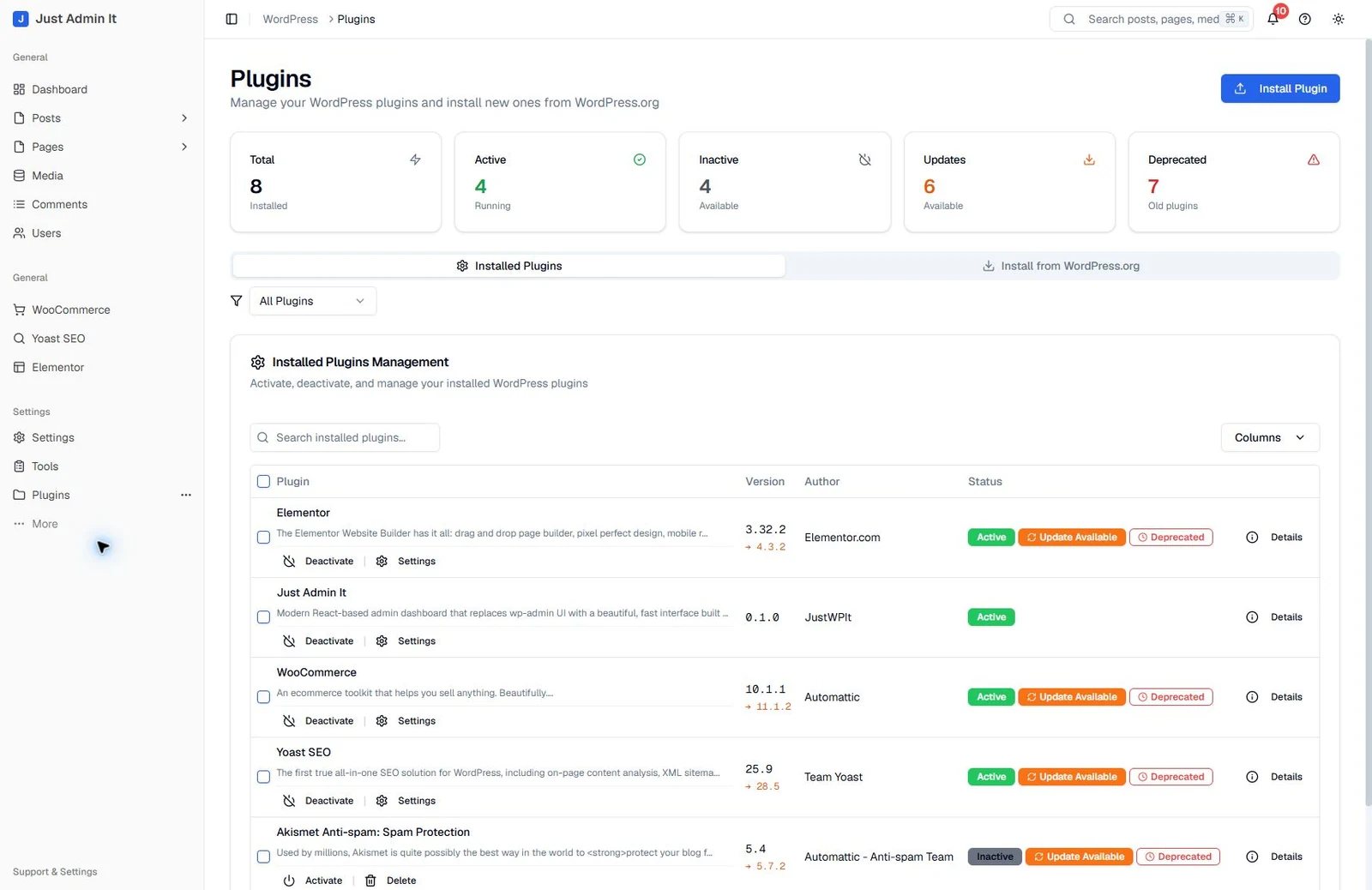 Just Admin It installed plugins workspace with versions and status badges