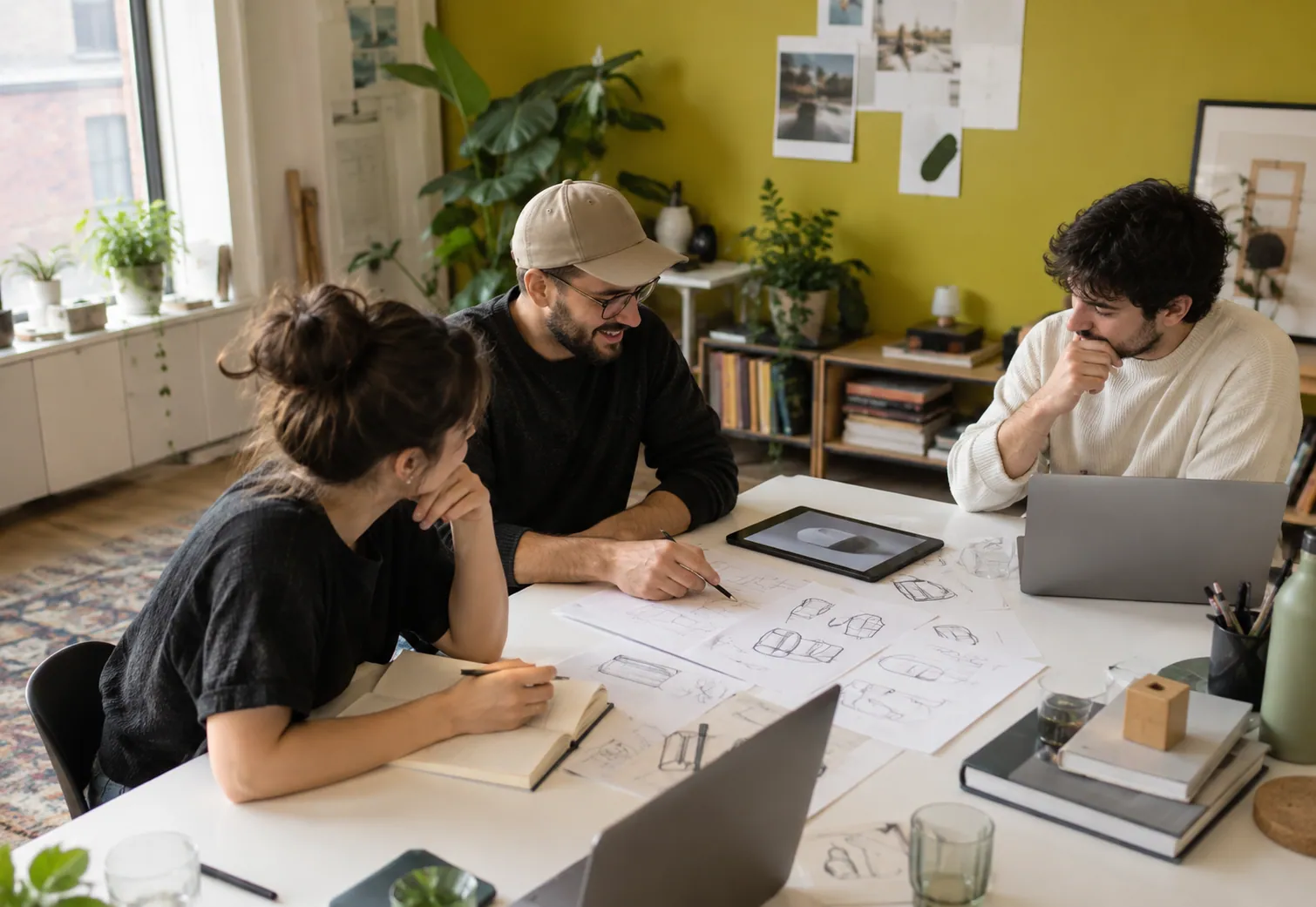 Editorial scene of collaborators working through product sketches