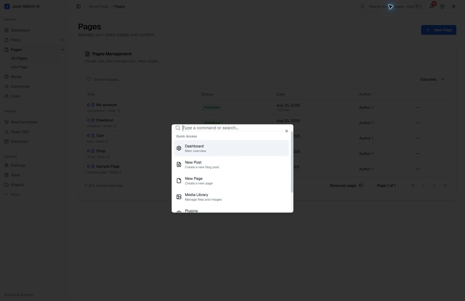 Just Admin It quick access command menu over the pages workspace