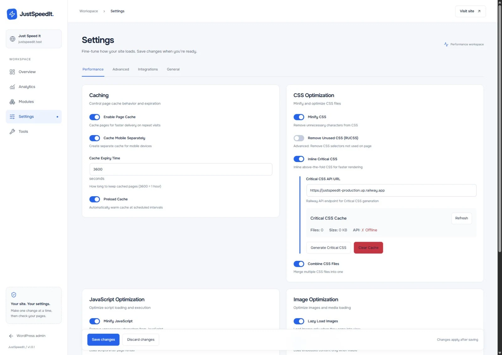 JustSpeedIt settings with caching and CSS controls