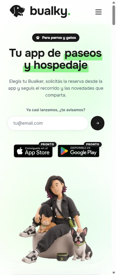 Bualky landing page on mobile with the launch signup and pet-care illustration
