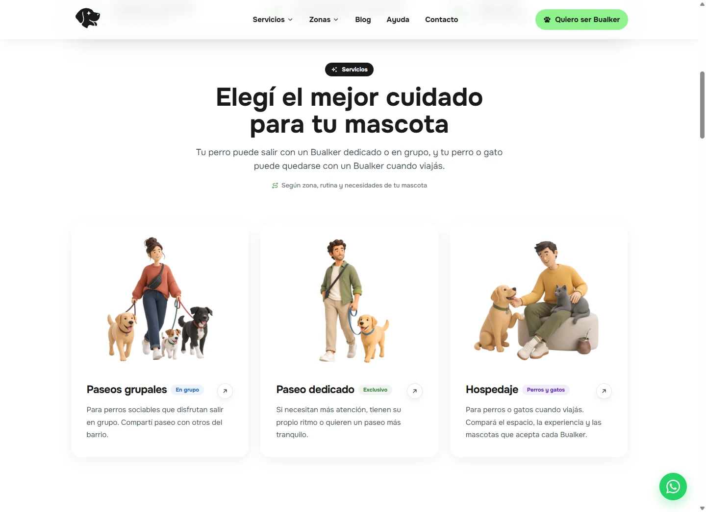 Bualky website presenting group walks, dedicated walks, and boarding