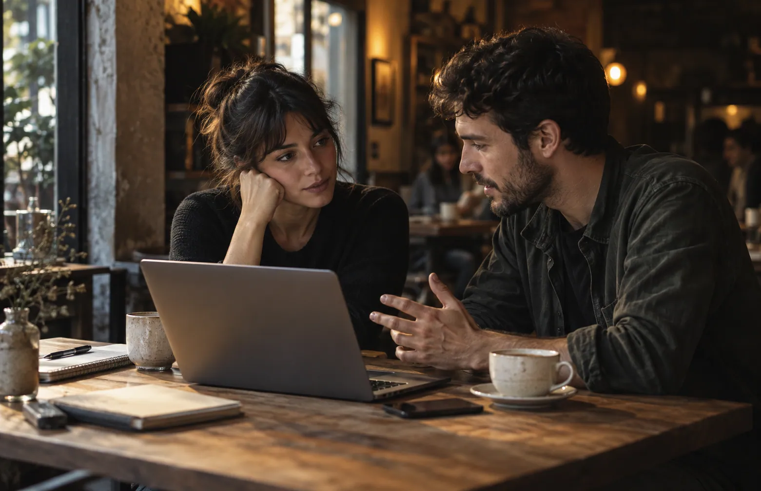 Editorial scene of people discussing a product over a laptop